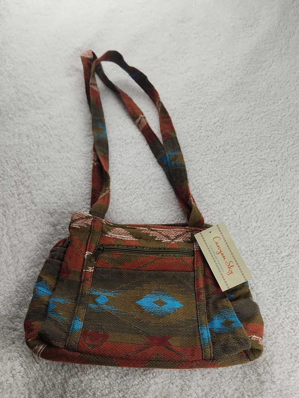 Canyon Sky Canvas Tribal Shoulder Bag in Olive, Burnt Orange & Blue NWT